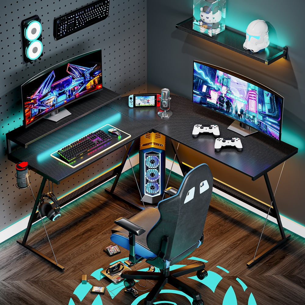 55 Inch L-Shaped Gaming Computer Desk with Monitor Stand Home Office Corner Desk Black