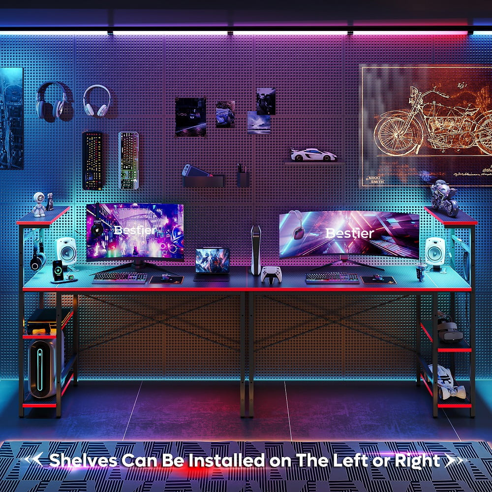 52 Inch Gaming Computer Desk with LED Lights & Shelves Carbon Fiber, Reversible Desk