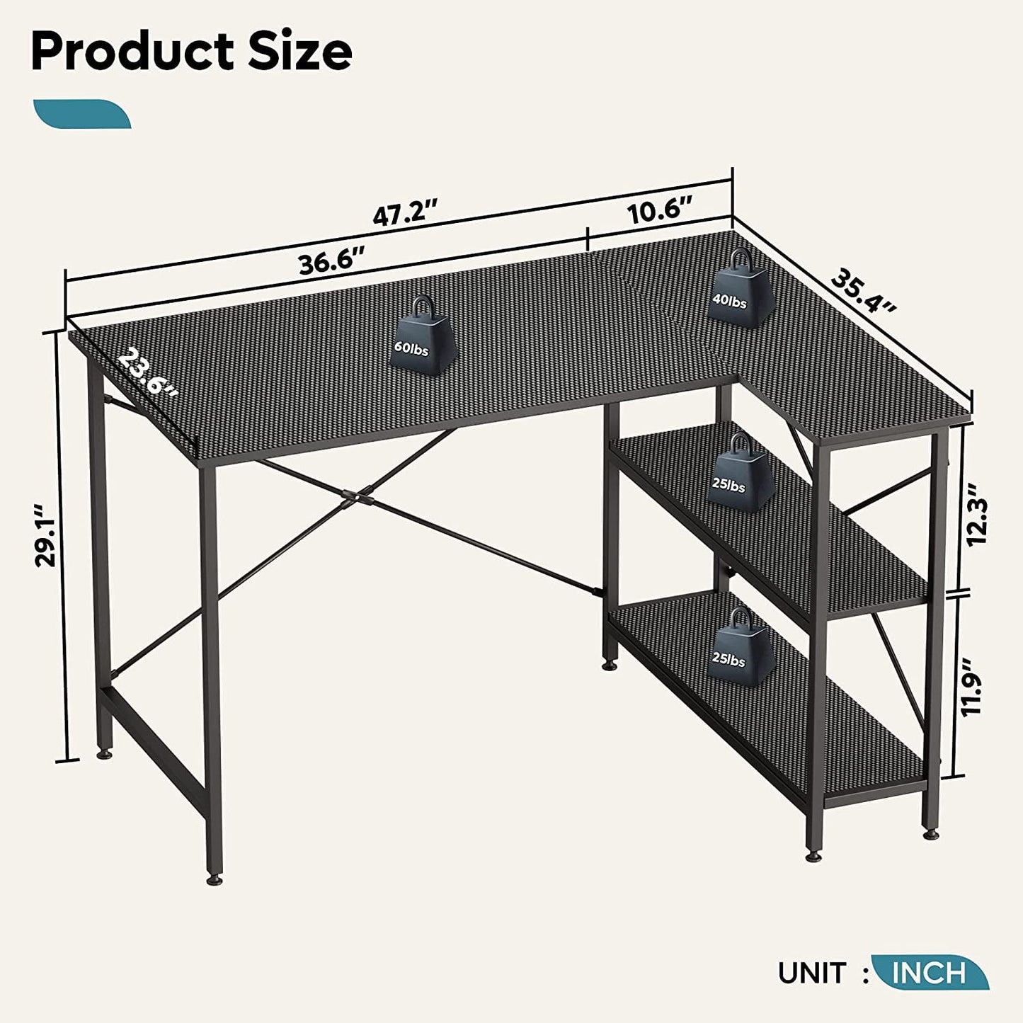 47 Inch Corner L-Shaped Gaming Desk with Storage Shelves Home Office Desk Carbon Fiber