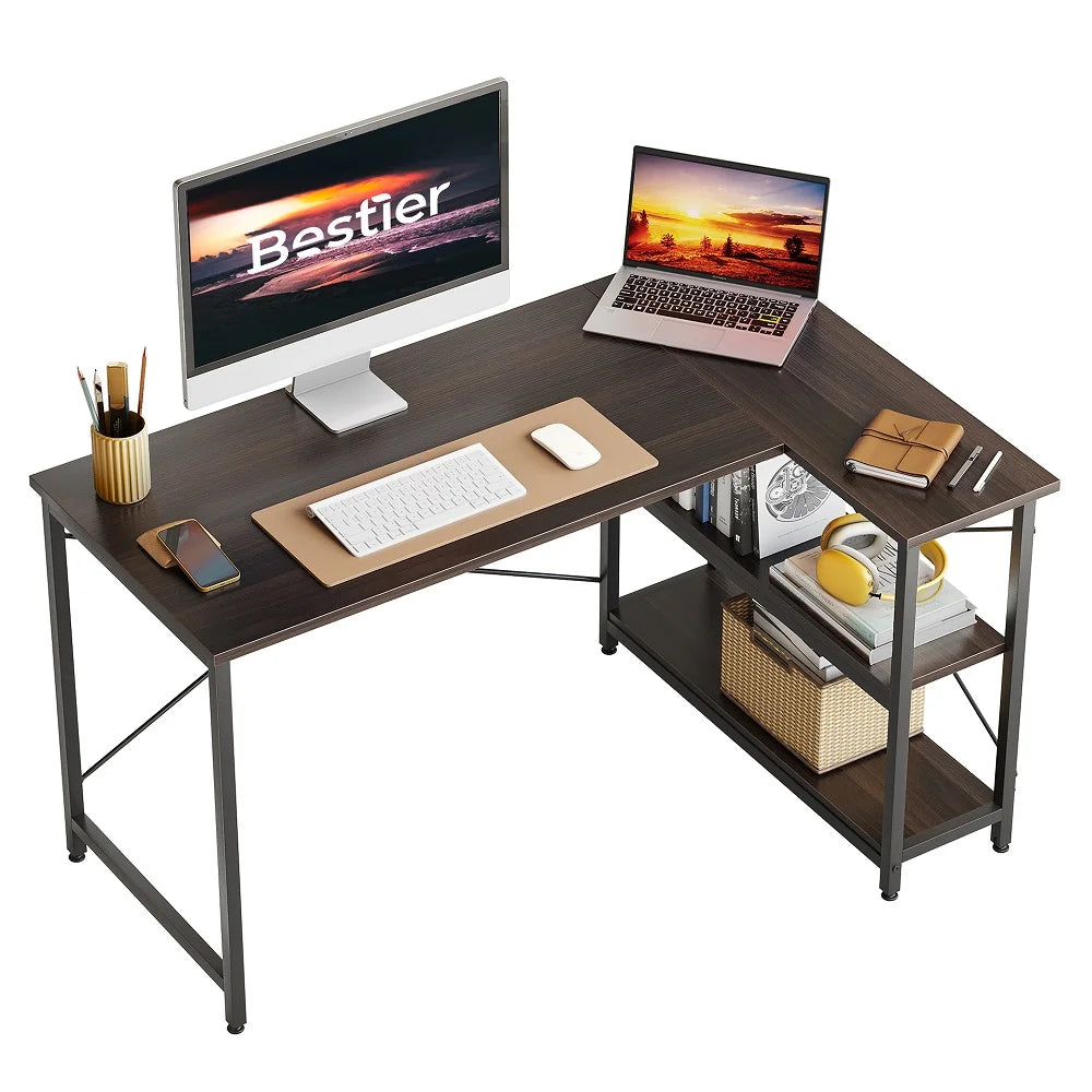 47 Inch Corner L-Shaped Desk with Storage Shelves Home Office Desk in Brown