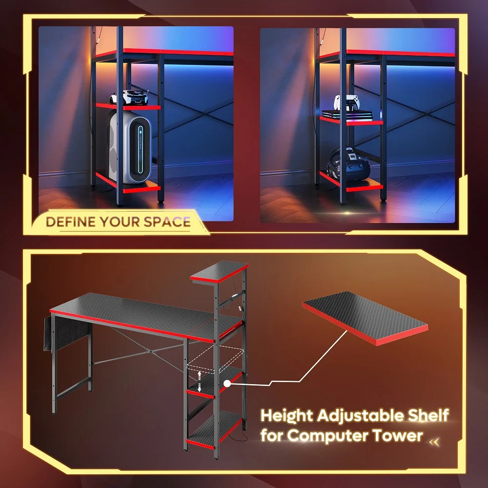 52 Inch Gaming Computer Desk with LED Lights & Shelves Carbon Fiber, Reversible Desk