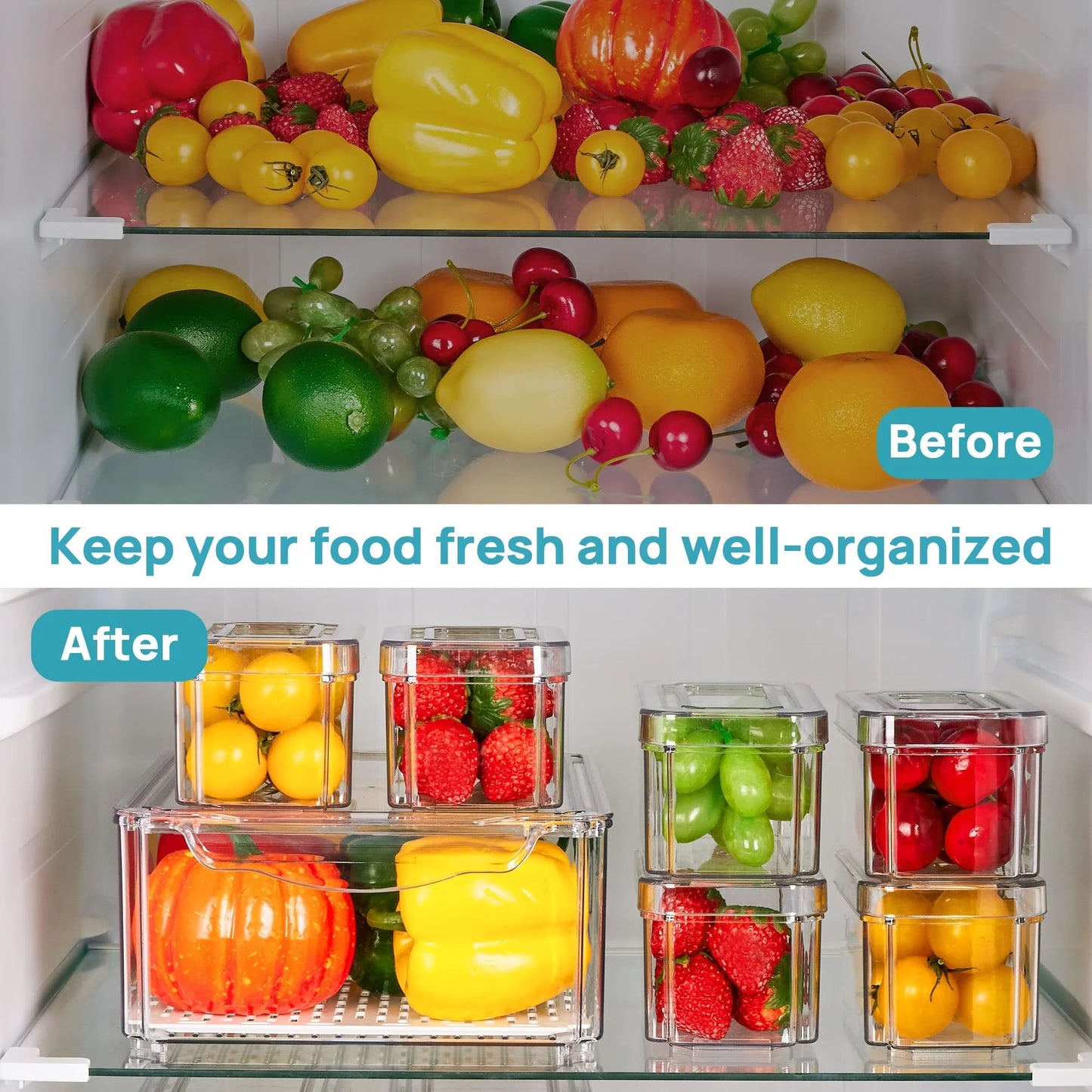 Set of 7 Refrigerator Organizer Bins, Fruit Containers for Fridge with Drain Tray for Vegetables, Food, Drinks
