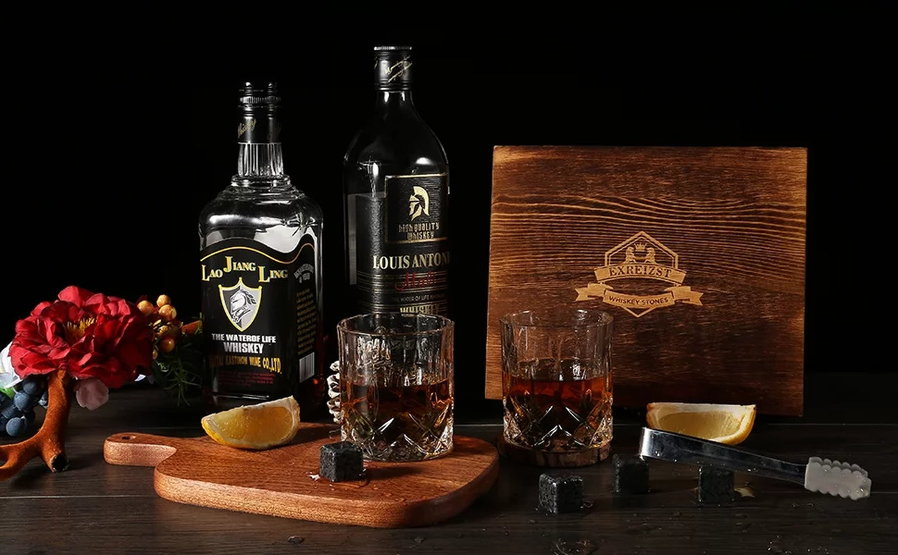 Whiskey Stones Gift Set - Whiskey Glass Set of 2 - Granite Chilling Whiskey Rocks - Scotch Bourbon Whiskey Glass Gift Box Set - Best Drinking Gifts for Men Dad Husband Birthday Party Holiday Present