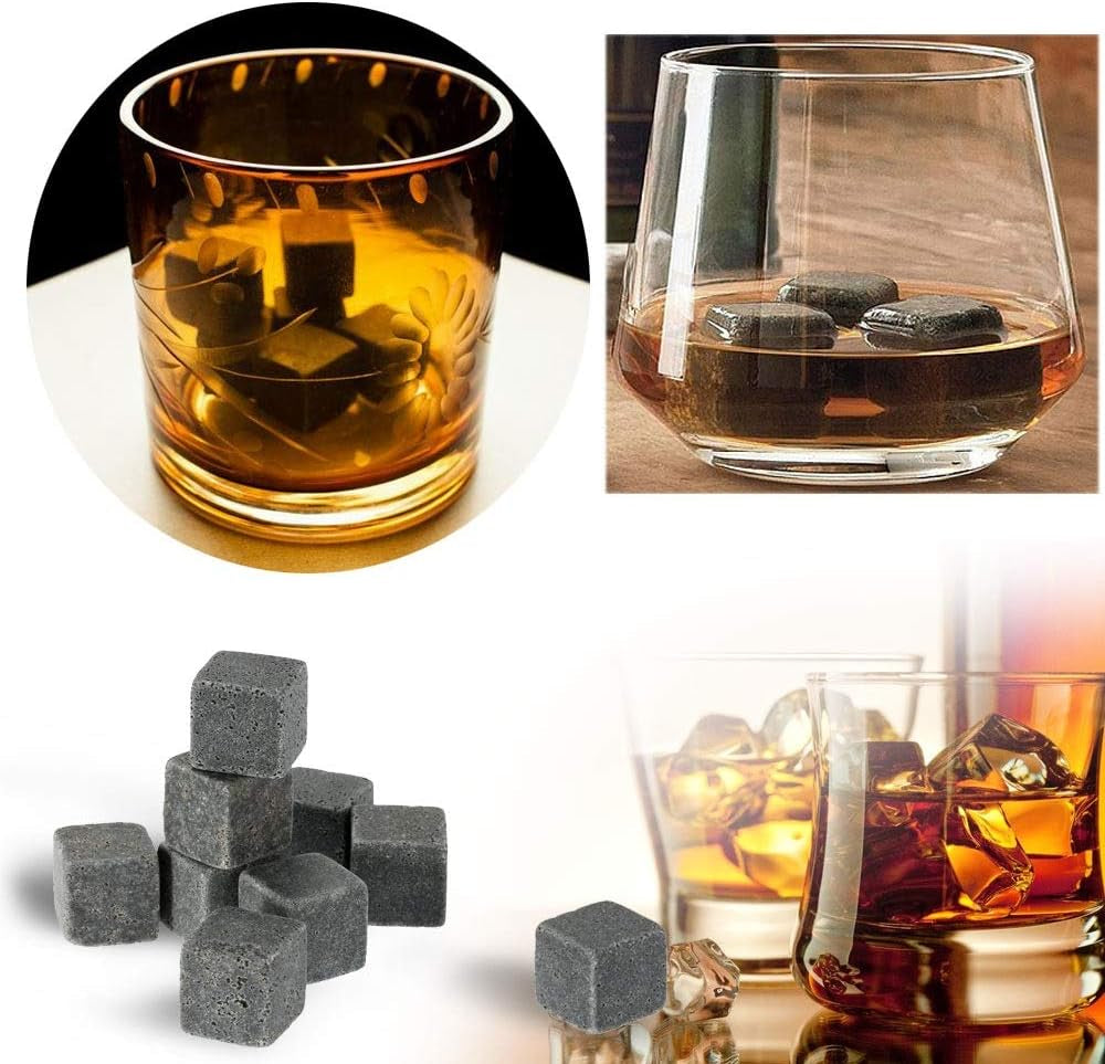 Whiskey Stones Gift Set W/ 9 Granite Whiskey Rocks Bag Reusable Cooling Ice Cubes Chill Your Scotch & Cold Drinks|Packed in Elegant… (Black)
