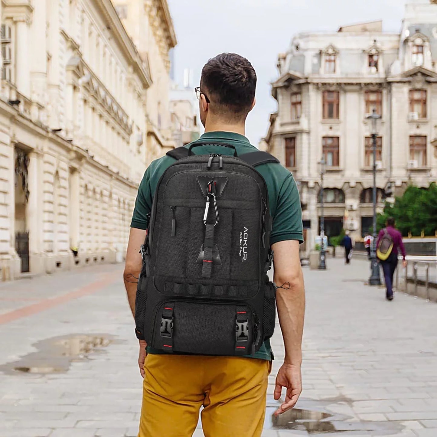Travel Backpack for Men Women Fits 18.4 Inch Laptop with USB Charging Port, Extra Large 55L Expandable Hiking Backpack with Shoes Compartment & Wet Bag, Waterproof, Black