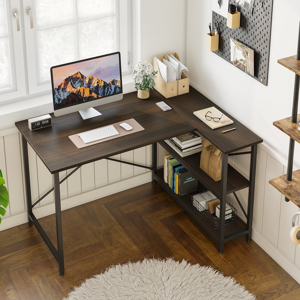 47 Inch Corner L-Shaped Desk with Storage Shelves Home Office Desk in Brown