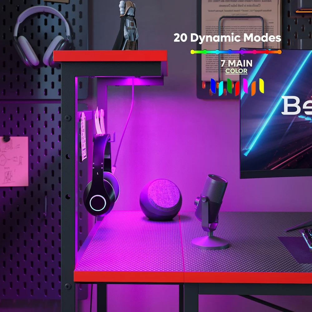 52 Inch Gaming Computer Desk with LED Lights & Shelves Carbon Fiber, Reversible Desk