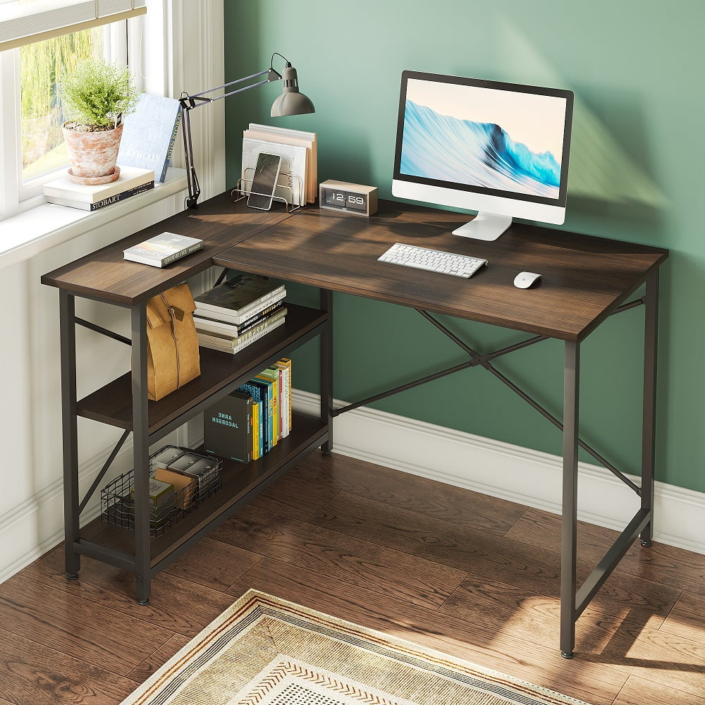 47 Inch Corner L-Shaped Desk with Storage Shelves Home Office Desk in Brown