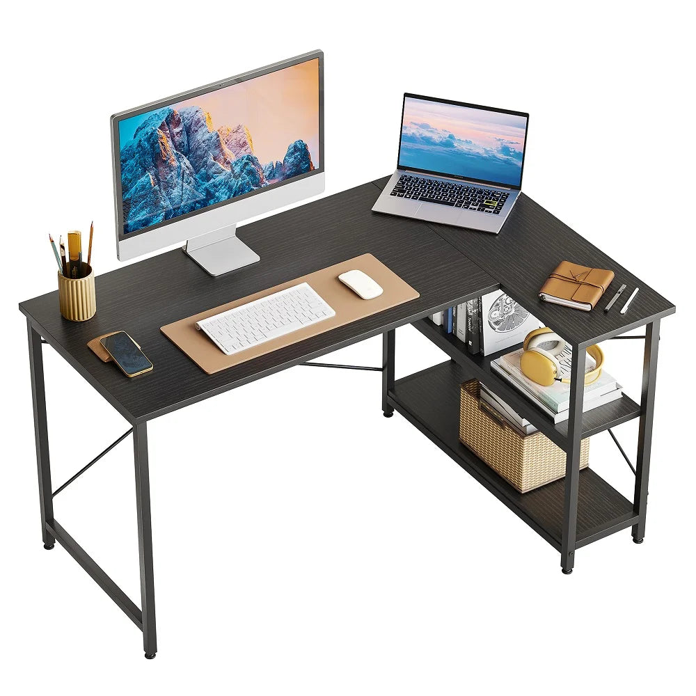 47 Inch Corner L-Shaped Desk with Storage Shelves Home Office Desk Black