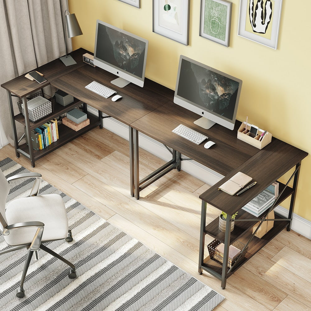 47 Inch Corner L-Shaped Desk with Storage Shelves Home Office Desk in Brown