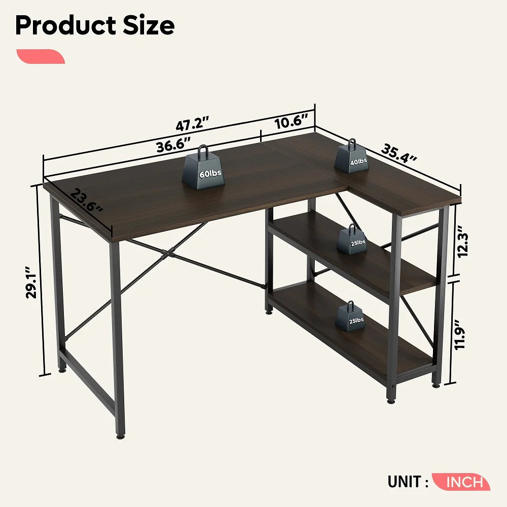 47 Inch Corner L-Shaped Desk with Storage Shelves Home Office Desk in Brown