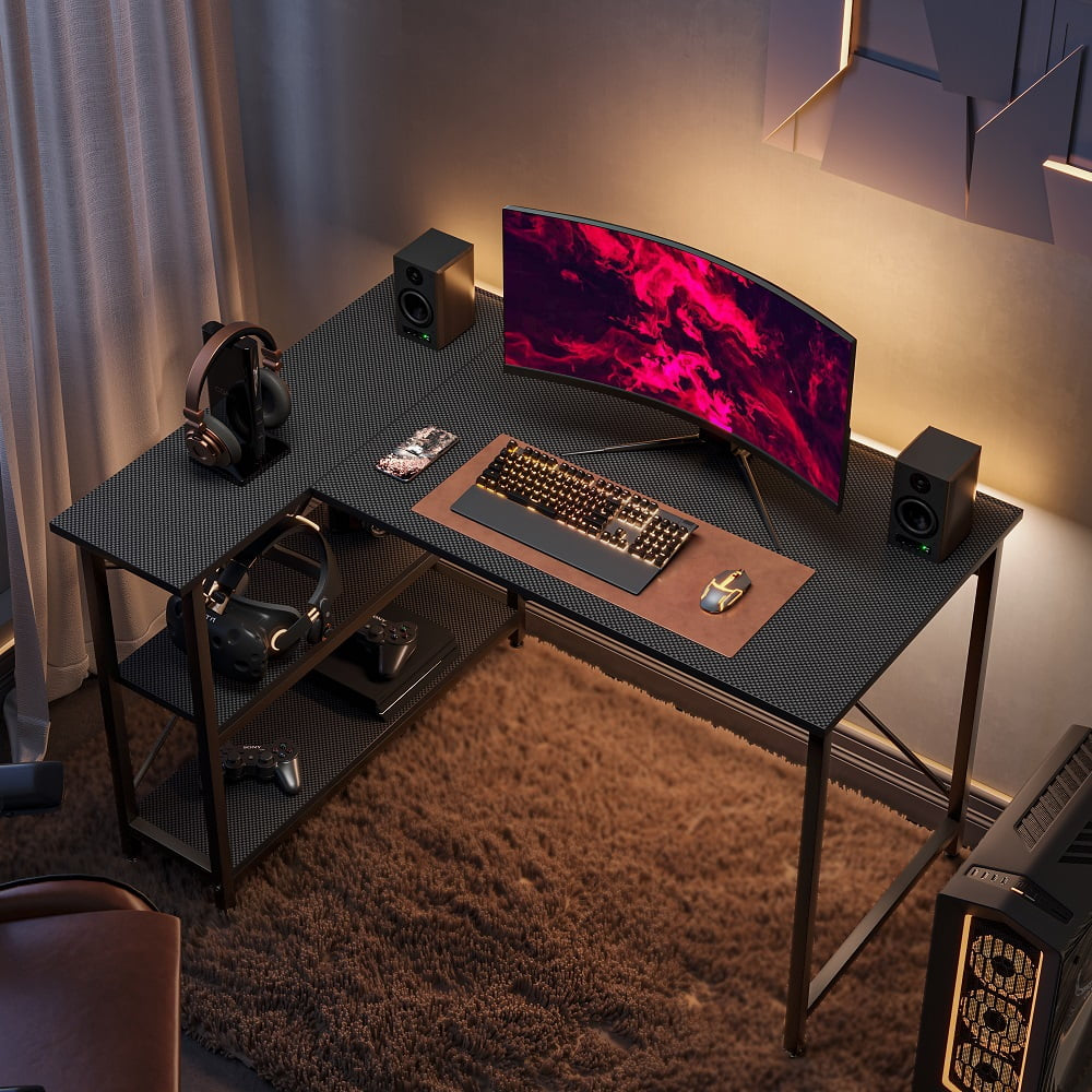47 Inch Corner L-Shaped Gaming Desk with Storage Shelves Home Office Desk Carbon Fiber