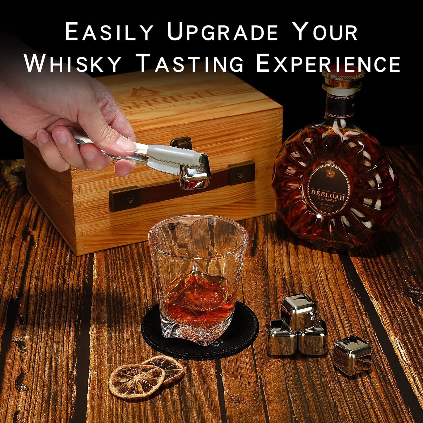 Whiskey Set Gifts for Men, Whiskey Glasses Set of 2, Heavy Whiskey Glasses with Wooden Box, 8 Stainless Steel Whiskey Stones with Tray, Gifts for Dad Husband Birthday Christmas