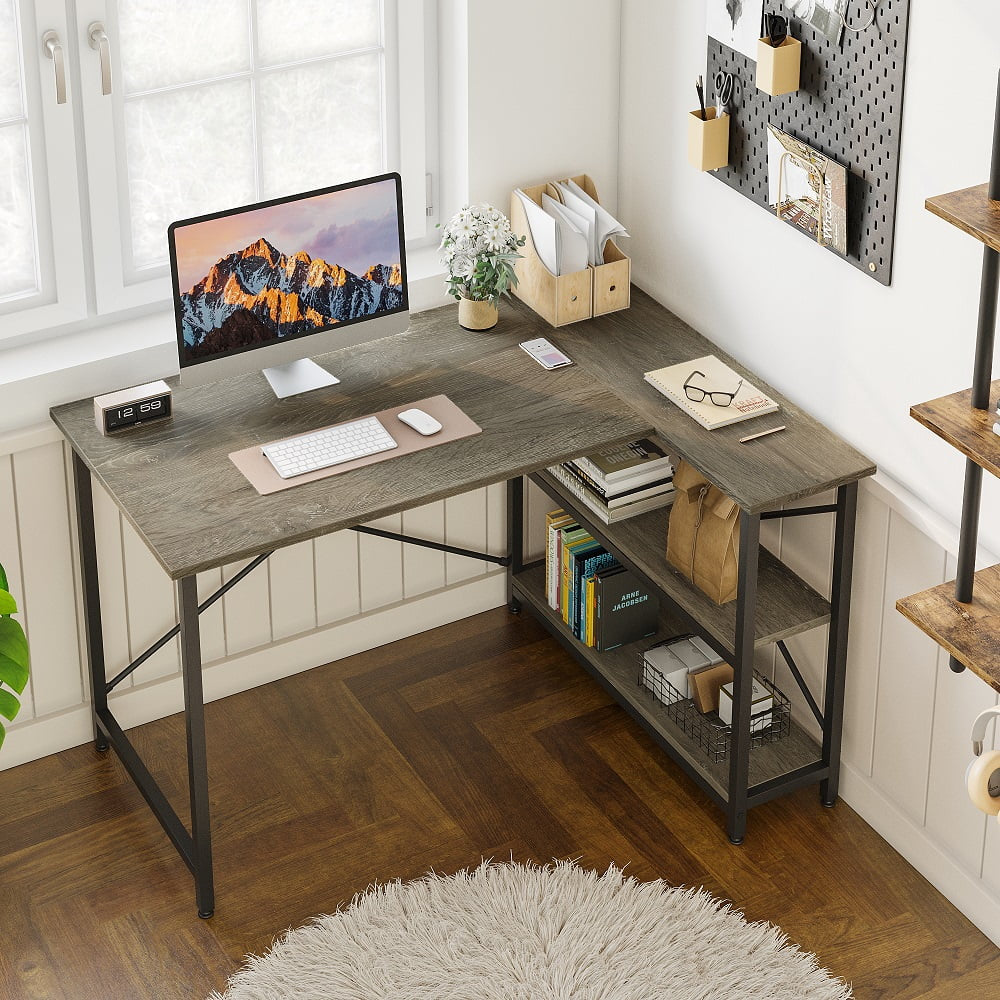 47 Inch Corner L-Shaped Desk with Storage Shelves Writing Desk Gray