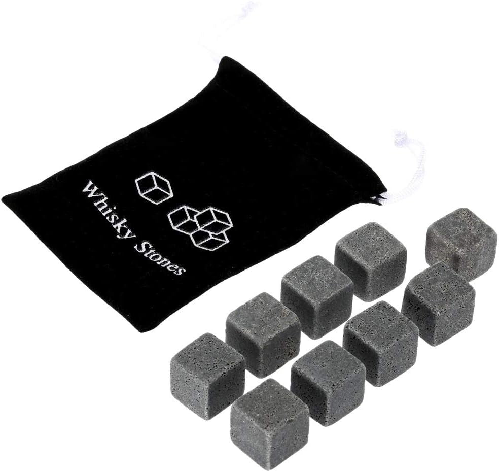Whiskey Stones Gift Set W/ 9 Granite Whiskey Rocks Bag Reusable Cooling Ice Cubes Chill Your Scotch & Cold Drinks|Packed in Elegant… (Black)