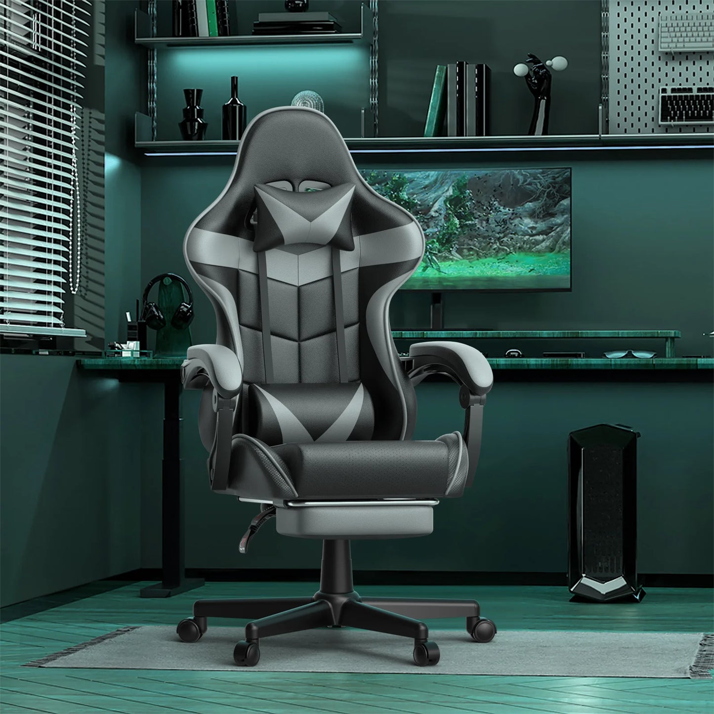 Gaming Chair with Footrest and Ergonomic Massage Lumbar Pillow PU Leather Office Chair, Gray
