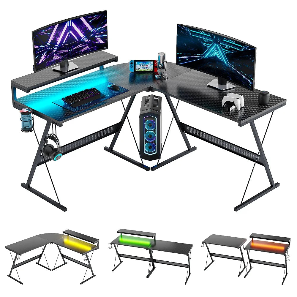 55 Inch L-Shaped Gaming Computer Desk with Monitor Stand Home Office Corner Desk Black