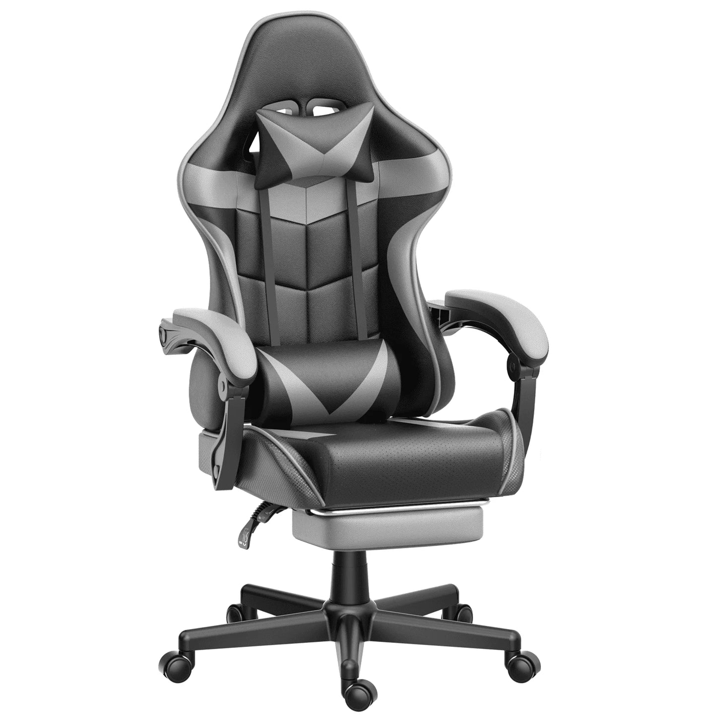 Gaming Chair with Footrest and Ergonomic Massage Lumbar Pillow PU Leather Office Chair, Gray