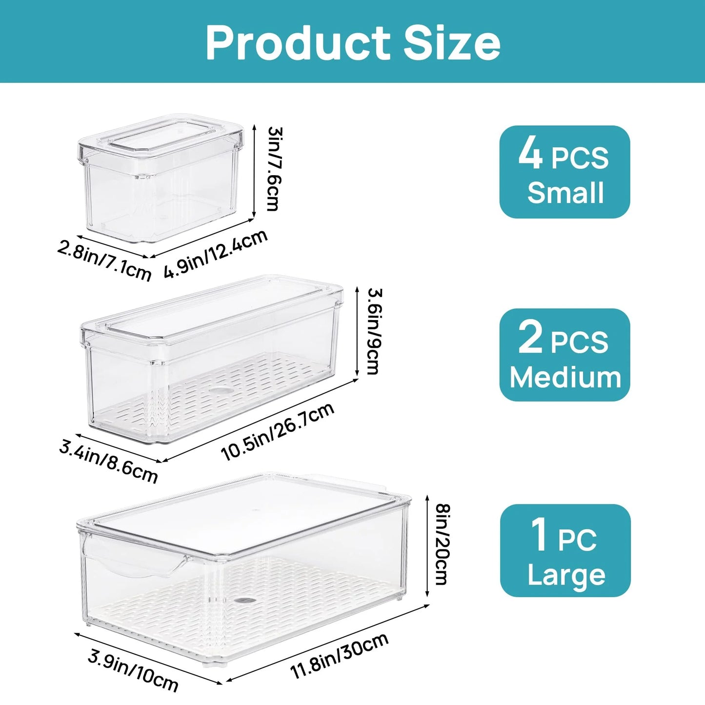 Set of 7 Refrigerator Organizer Bins, Fruit Containers for Fridge with Drain Tray for Vegetables, Food, Drinks