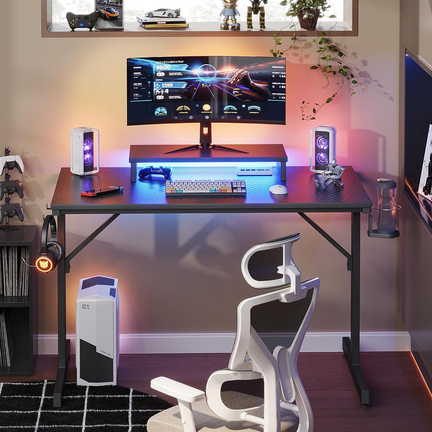 42 Inch Gaming Desk with LED Lights, Small Computer Gaming Table with Monitor Shelf, Gamer Desk with Headphone Hook, Kids Boys Computer Table with Black Carbon Fiber Texture