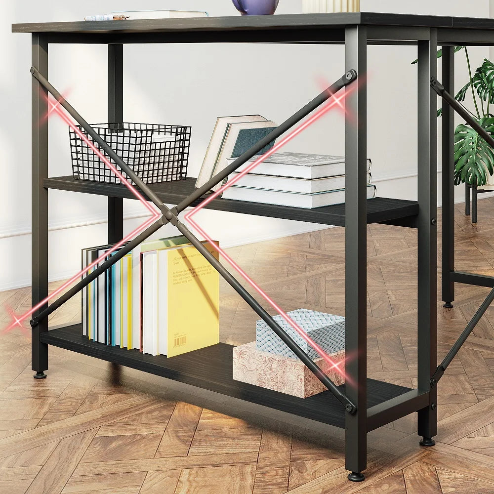 47 Inch Corner L-Shaped Desk with Storage Shelves Home Office Desk Black