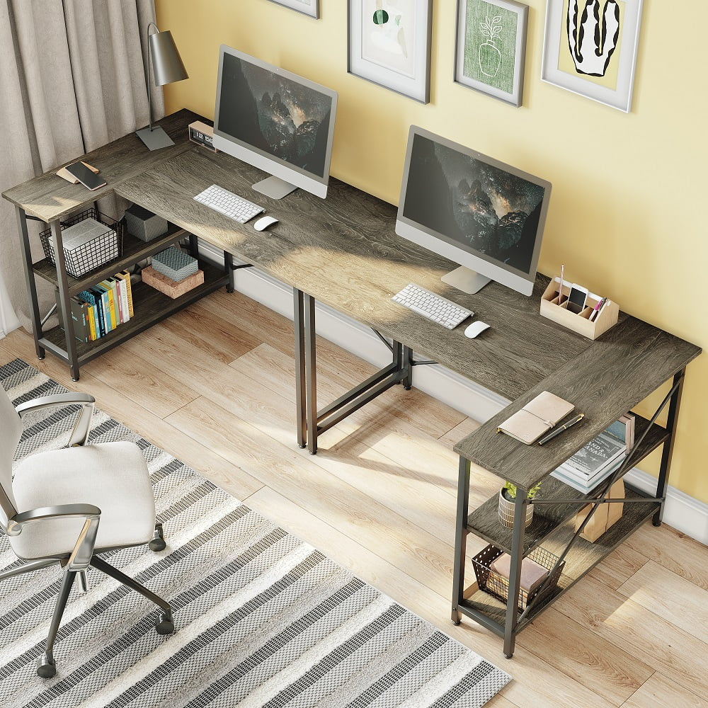 47 Inch Corner L-Shaped Desk with Storage Shelves Writing Desk Gray