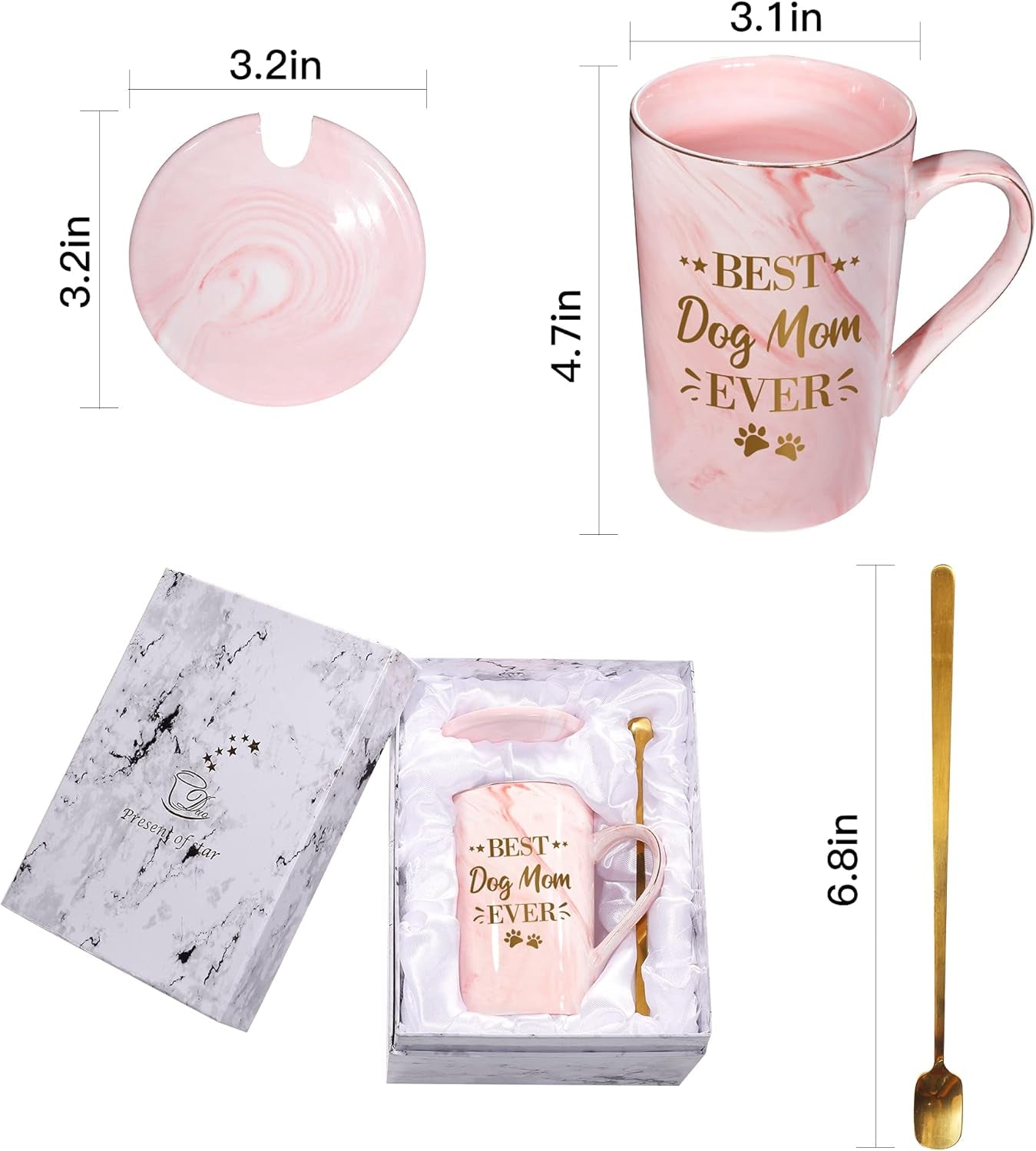 Best Dog Mom Ever Coffee Mugs for Women, Funny Drinkware Cute Marble Ceramic Mugs Birthday Mothers Day Gifts for Dog Lover Coffee Cups from Daughter Son Husband Kids 14Oz with Gift Box
