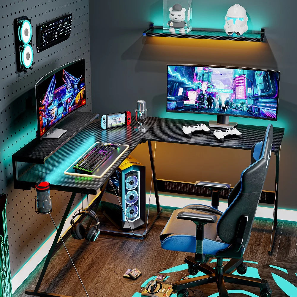 55 Inch L-Shaped Gaming Computer Desk with Monitor Stand Home Office Corner Desk Black
