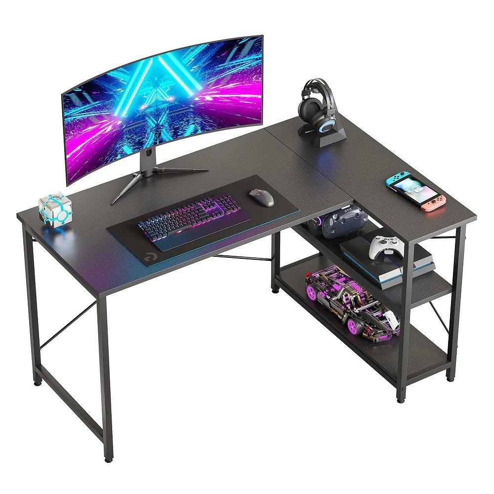 47 Inch Corner L-Shaped Gaming Desk with Storage Shelves Home Office Desk Carbon Fiber