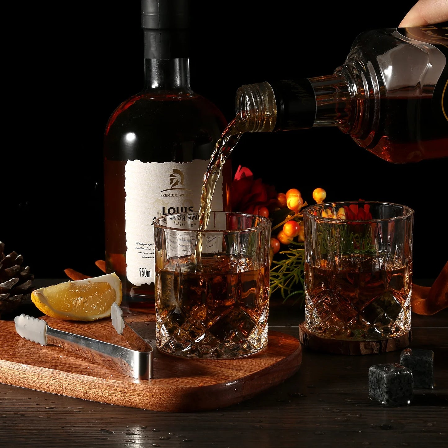 Whiskey Stones Gift Set - Whiskey Glass Set of 2 - Granite Chilling Whiskey Rocks - Scotch Bourbon Whiskey Glass Gift Box Set - Best Drinking Gifts for Men Dad Husband Birthday Party Holiday Present
