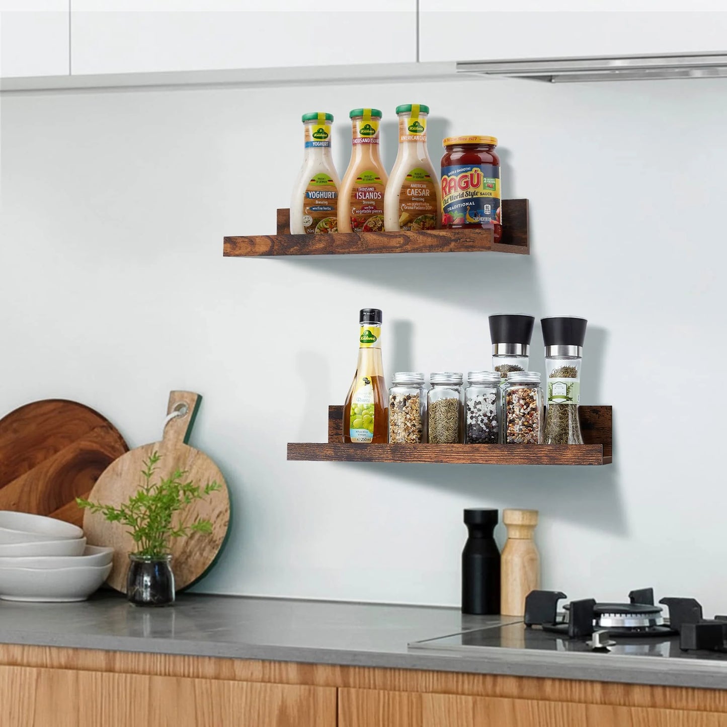 Floating Shelves, Wood Shelf Wall Mounted, Set of 5, Multiple Sizes, Brown
