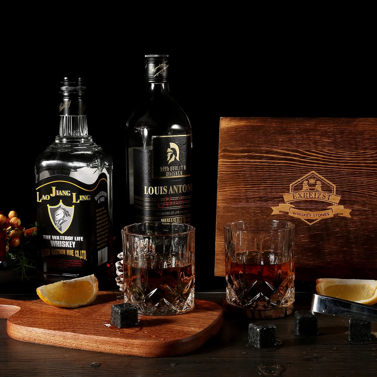 Whiskey Stones Gift Set - Whiskey Glass Set of 2 - Granite Chilling Whiskey Rocks - Scotch Bourbon Whiskey Glass Gift Box Set - Best Drinking Gifts for Men Dad Husband Birthday Party Holiday Present