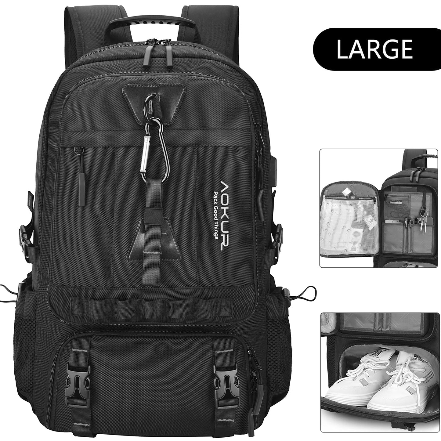 Travel Backpack for Men Women Fits 18.4 Inch Laptop with USB Charging Port, Extra Large 55L Expandable Hiking Backpack with Shoes Compartment & Wet Bag, Waterproof, Black