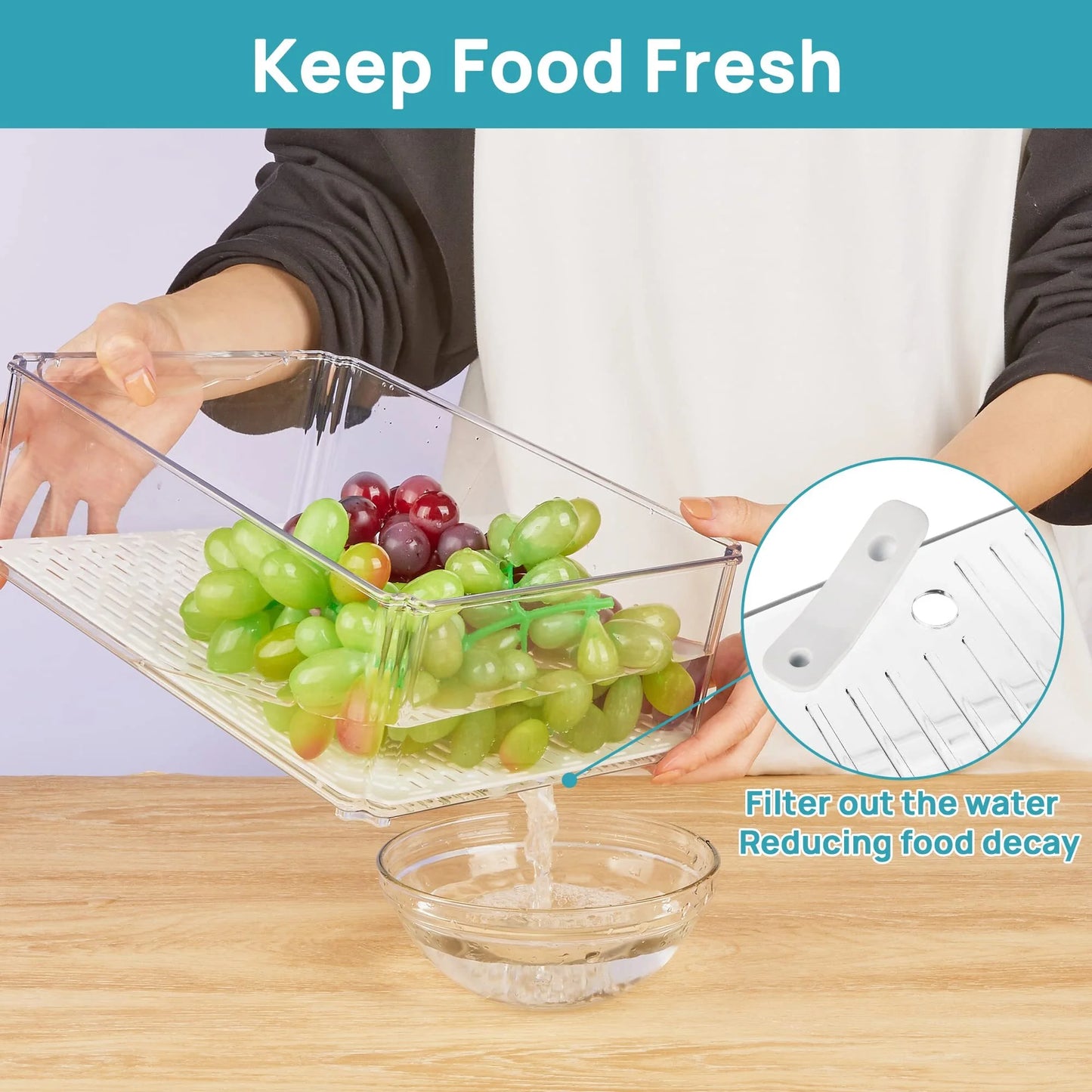 Set of 7 Refrigerator Organizer Bins, Fruit Containers for Fridge with Drain Tray for Vegetables, Food, Drinks