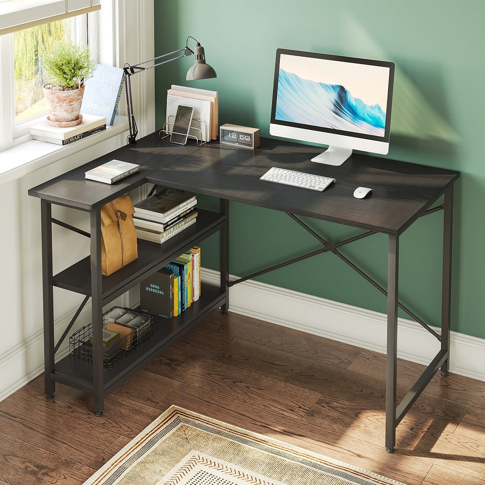 47 Inch Corner L-Shaped Desk with Storage Shelves Home Office Desk Black