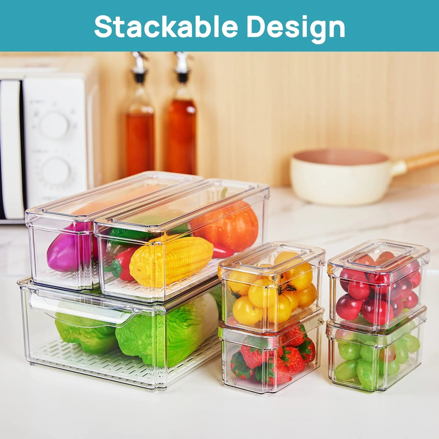 Set of 7 Refrigerator Organizer Bins, Fruit Containers for Fridge with Drain Tray for Vegetables, Food, Drinks