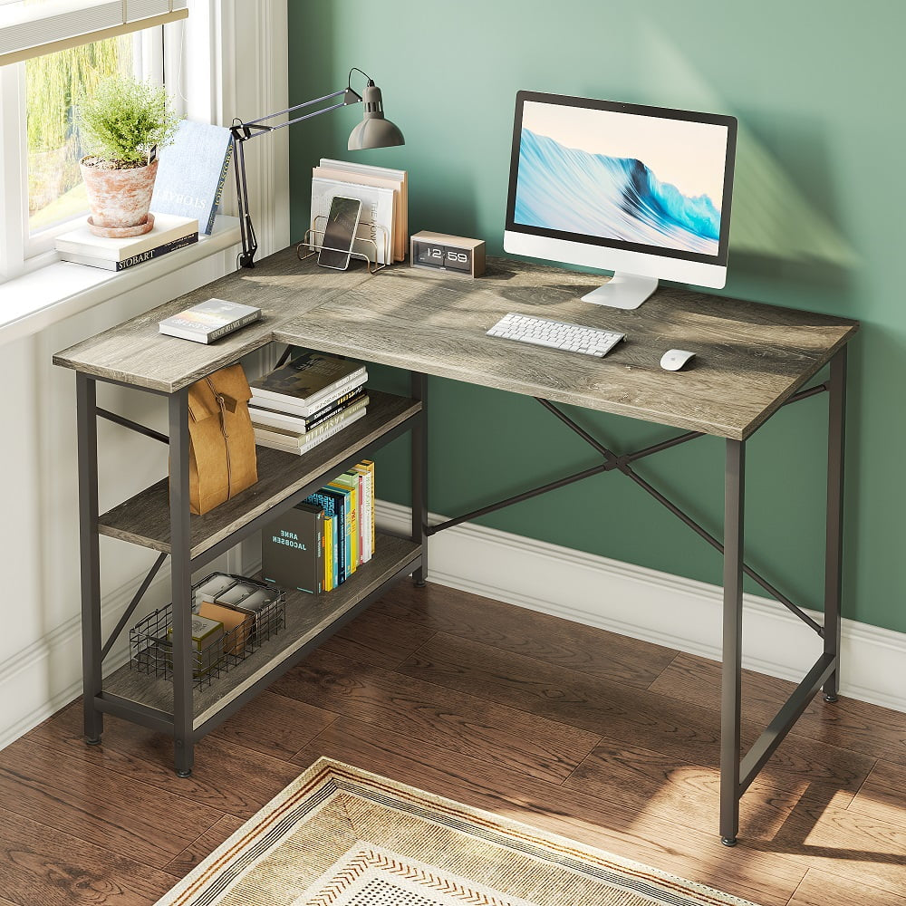 47 Inch Corner L-Shaped Desk with Storage Shelves Writing Desk Gray