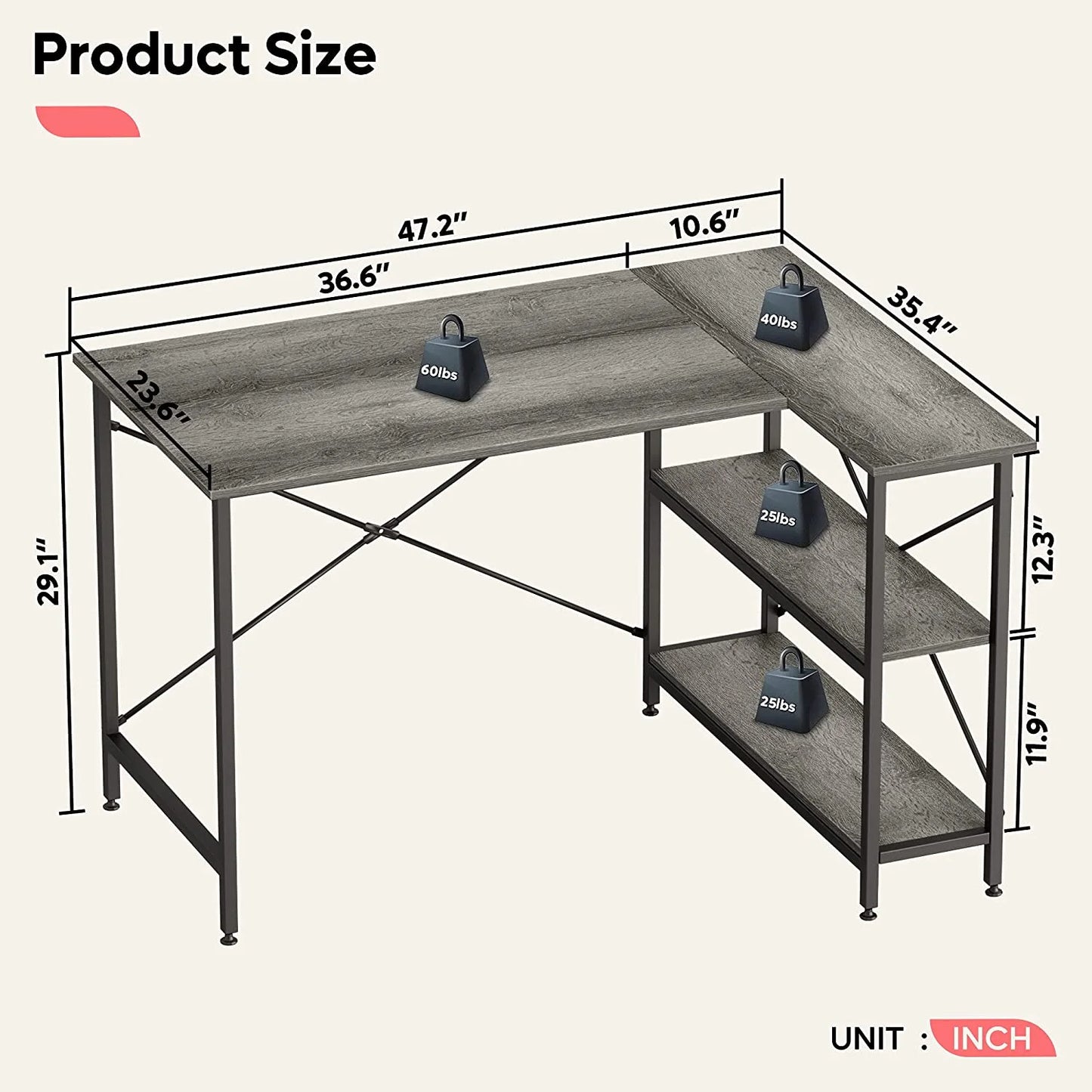 47 Inch Corner L-Shaped Desk with Storage Shelves Writing Desk Gray