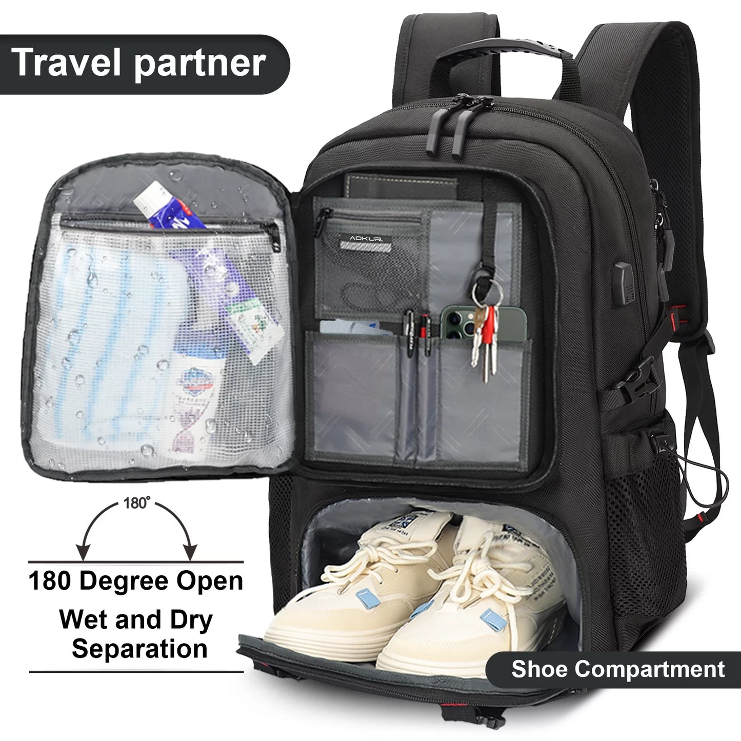 Travel Backpack for Men Women Fits 18.4 Inch Laptop with USB Charging Port, Extra Large 55L Expandable Hiking Backpack with Shoes Compartment & Wet Bag, Waterproof, Black