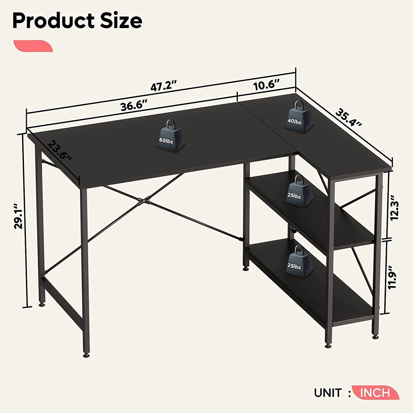 47 Inch Corner L-Shaped Desk with Storage Shelves Home Office Desk Black