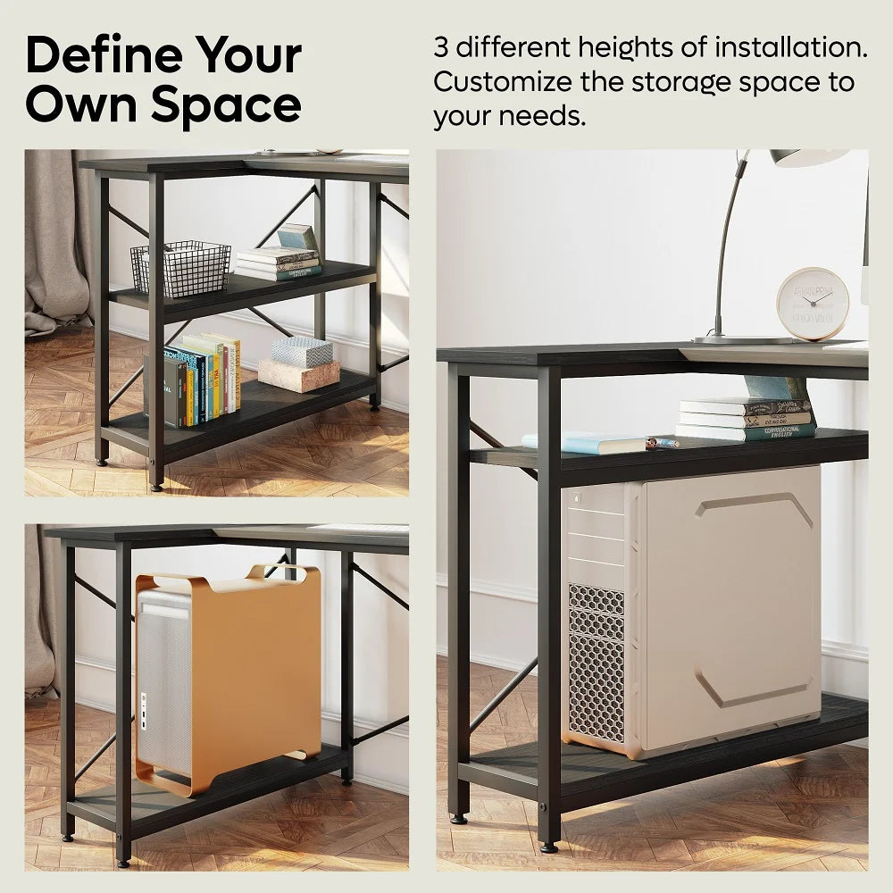 47 Inch Corner L-Shaped Desk with Storage Shelves Home Office Desk Black