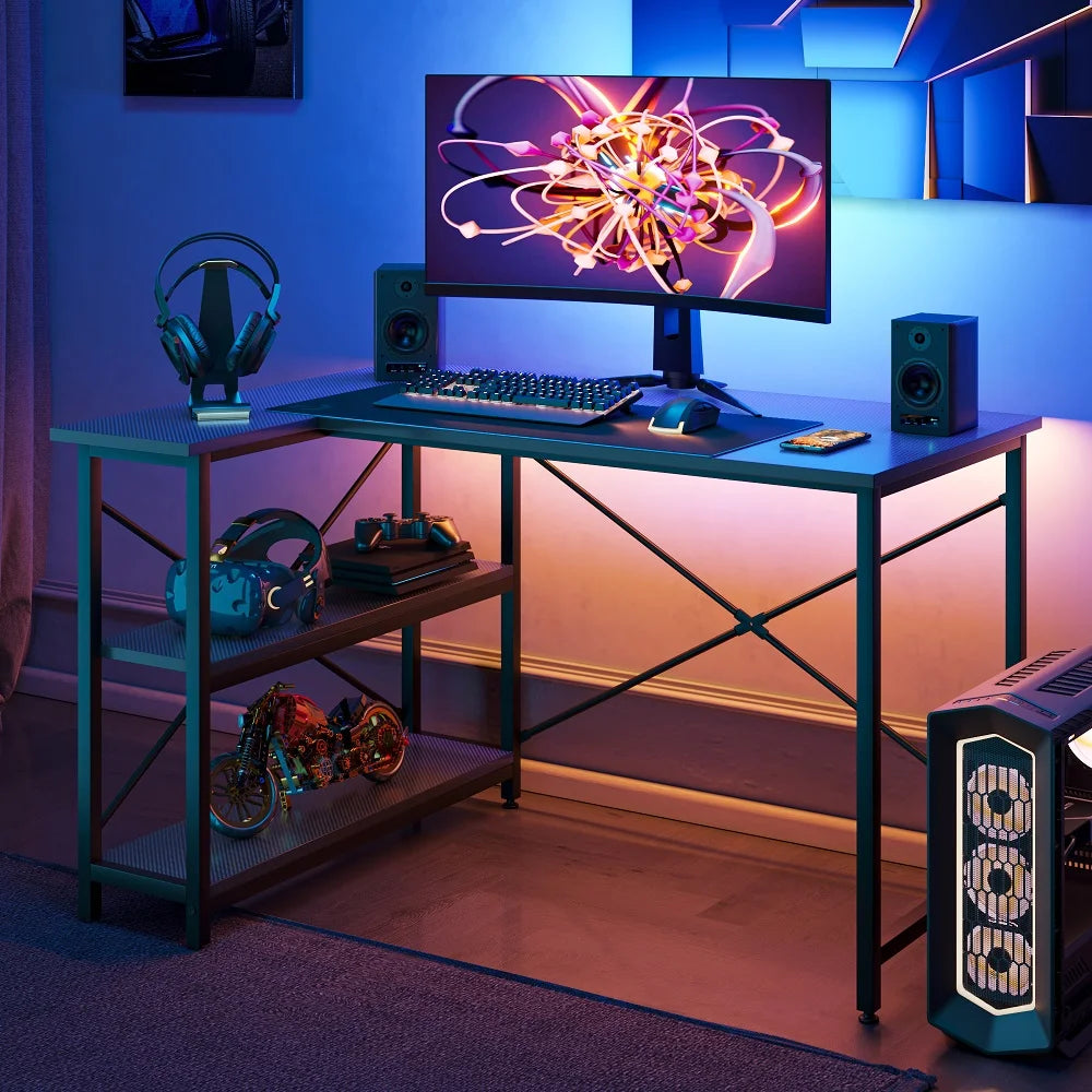 47 Inch Corner L-Shaped Gaming Desk with Storage Shelves Home Office Desk Carbon Fiber