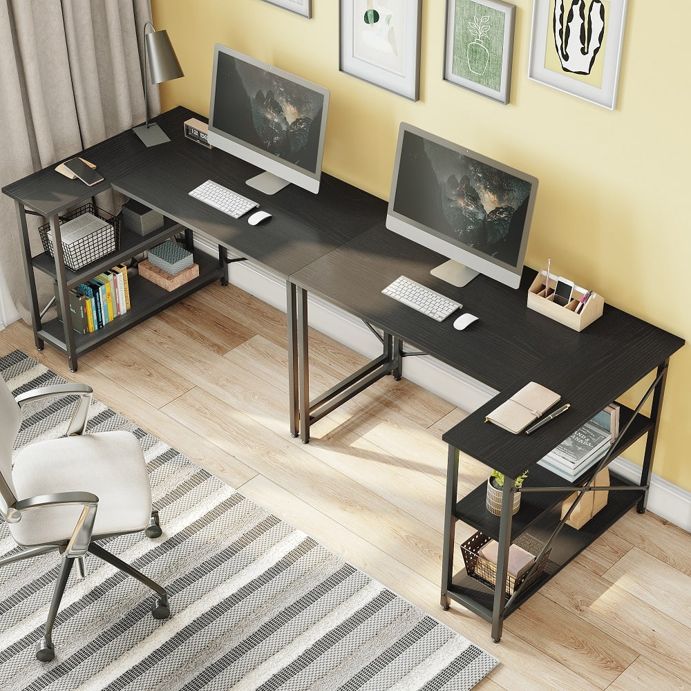 47 Inch Corner L-Shaped Desk with Storage Shelves Home Office Desk Black