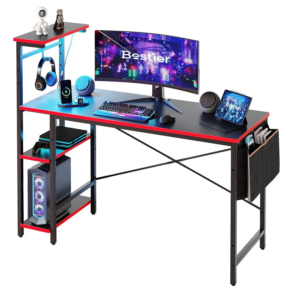 52 Inch Gaming Computer Desk with LED Lights & Shelves Carbon Fiber, Reversible Desk