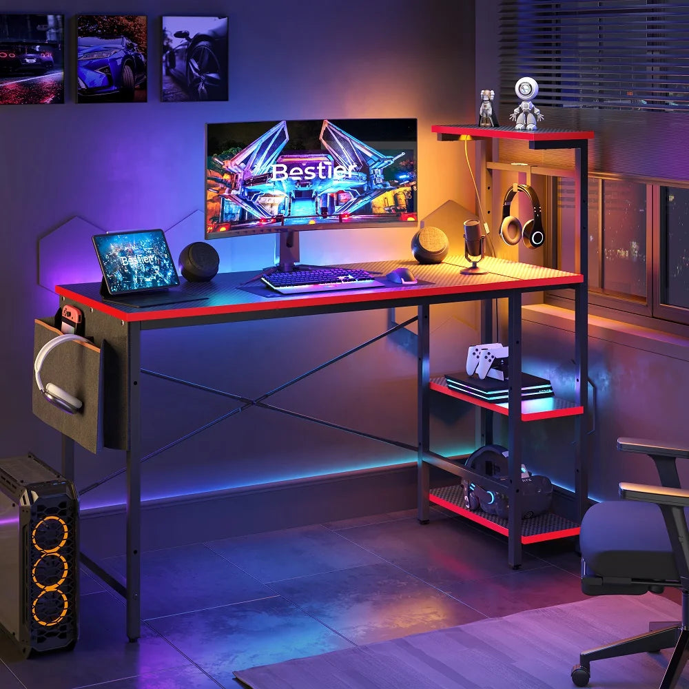 52 Inch Gaming Computer Desk with LED Lights & Shelves Carbon Fiber, Reversible Desk