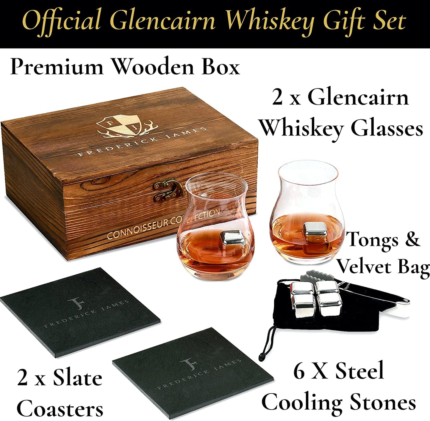 Whiskey Glasses Set of 2 - with Glencairn Whiskey Glass - Whiskey Gifts for Men I Whiskey Stones Gift Set for Men Including Canadian Glass, Cooling Stones & Coasters