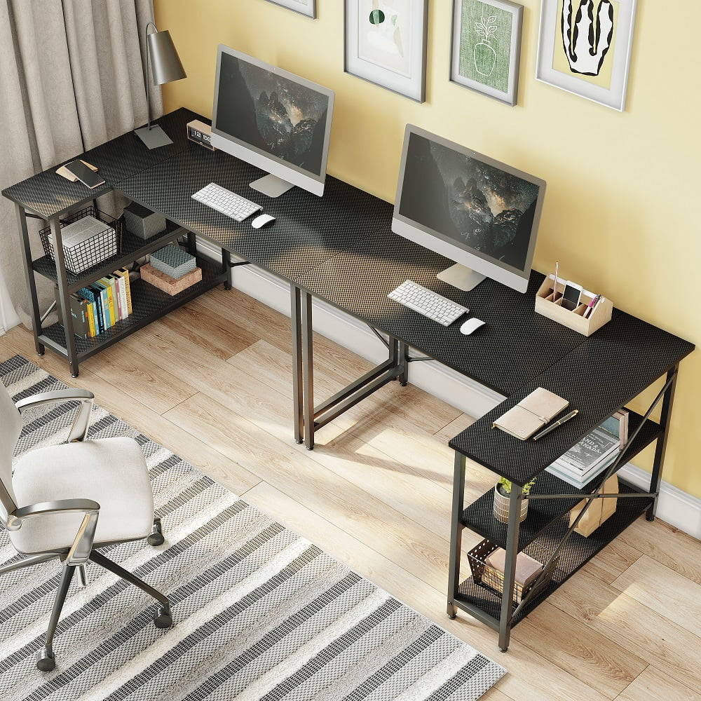 47 Inch Corner L-Shaped Gaming Desk with Storage Shelves Home Office Desk Carbon Fiber