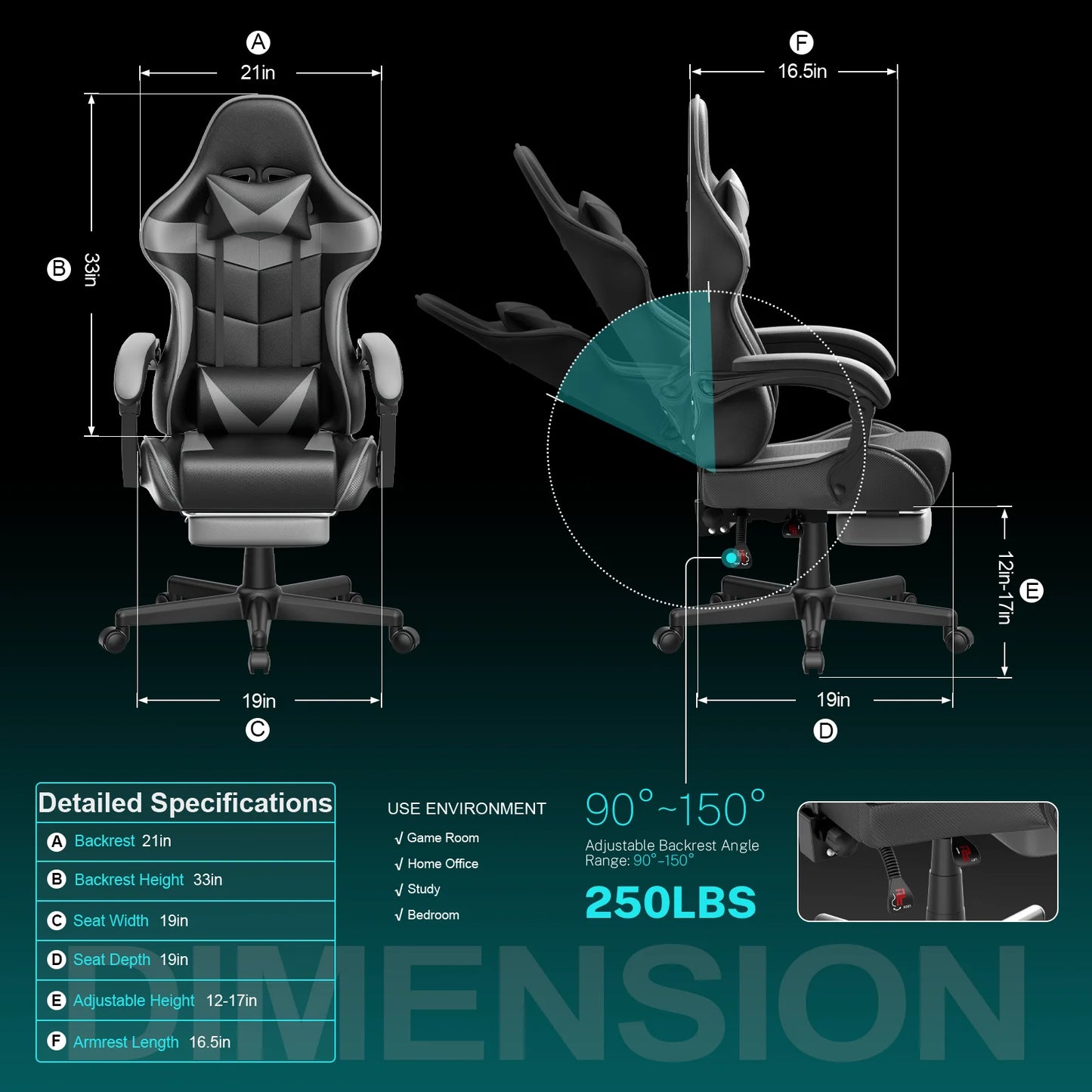 Gaming Chair with Footrest and Ergonomic Massage Lumbar Pillow PU Leather Office Chair, Gray