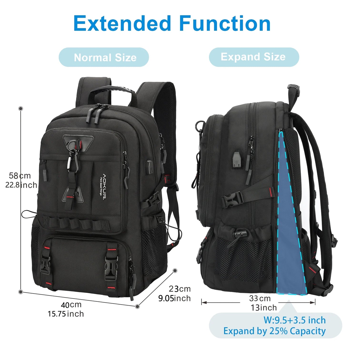 Travel Backpack for Men Women Fits 18.4 Inch Laptop with USB Charging Port, Extra Large 55L Expandable Hiking Backpack with Shoes Compartment & Wet Bag, Waterproof, Black