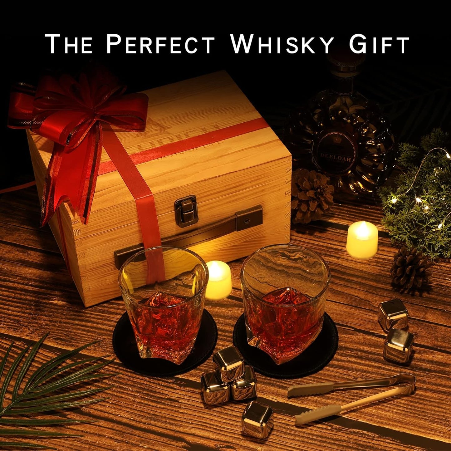 Whiskey Set Gifts for Men, Whiskey Glasses Set of 2, Heavy Whiskey Glasses with Wooden Box, 8 Stainless Steel Whiskey Stones with Tray, Gifts for Dad Husband Birthday Christmas